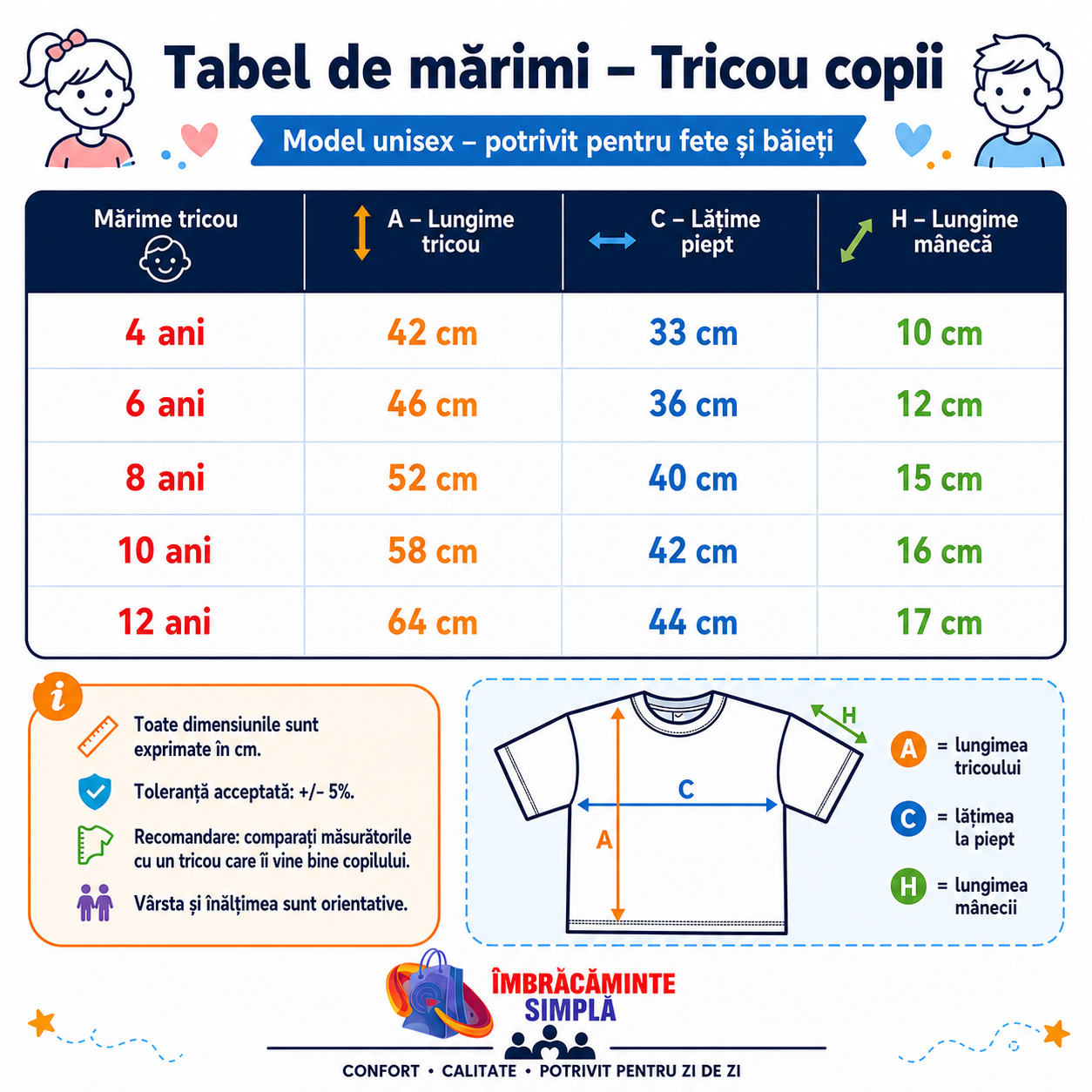 Tabel marimi tricouri copii simple din bumbac